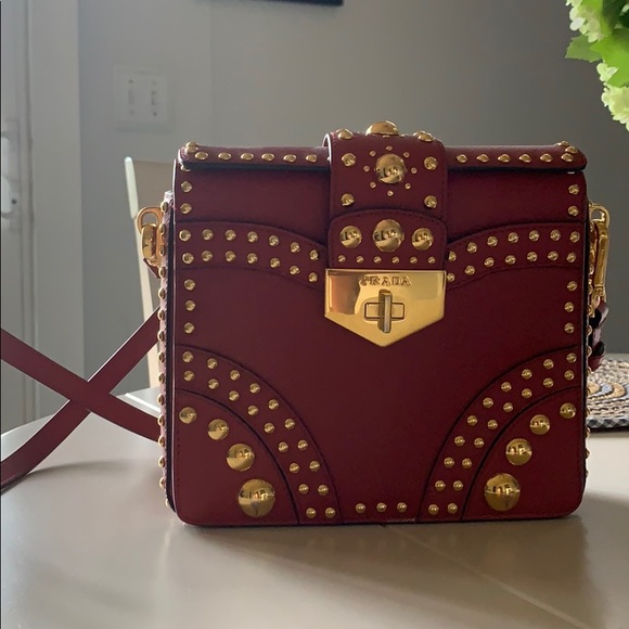 PRADA Studded Staffiano Red Shoulder Bag - Picture 1 of 6